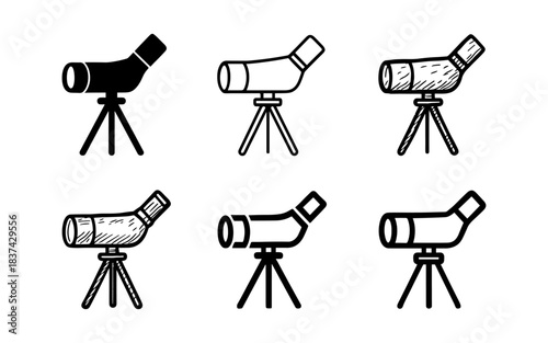 Telescope sketch variations on tripod in black and white