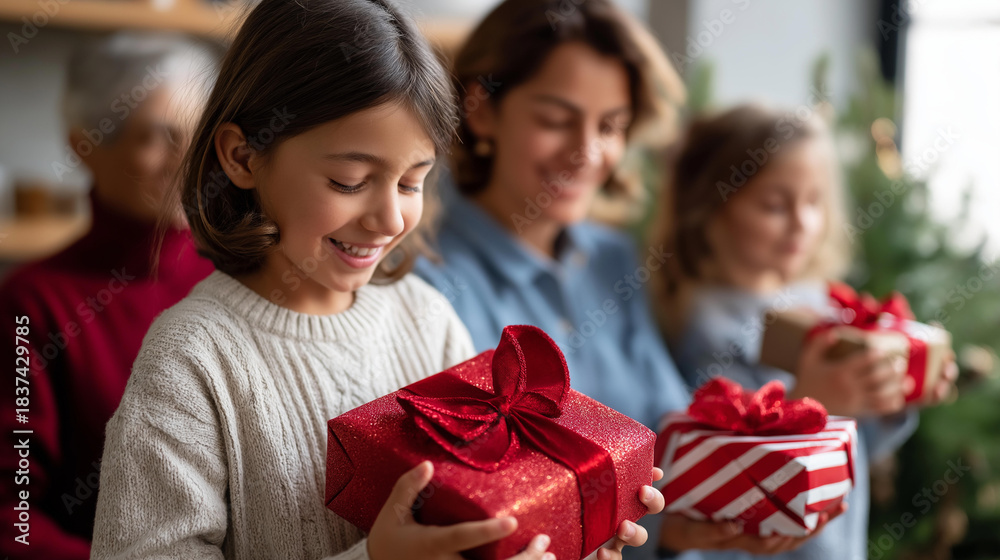 Fototapeta premium Faceless children with christmas presents scene kids holiday gift opening festive celebration moment seasonal family gathering winter present exchange defocused home