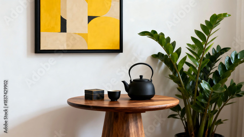 A modern indoor setting with a wooden table, black teapot, abstract art, and a green plant for a cozy atmosphere.