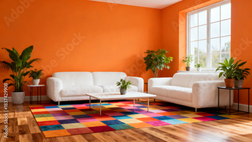 A bright orange living room features white sofas, a colorful rug, and potted plants near a large window.