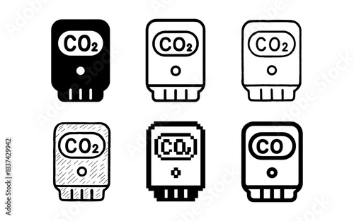 Set of carbon dioxide sensor icons in various artistic styles