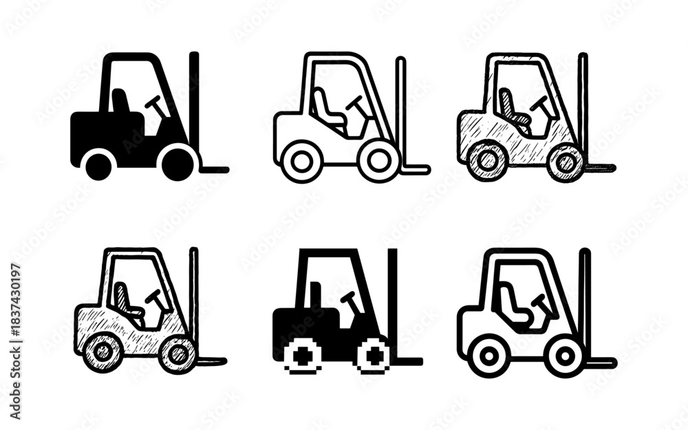 Naklejka premium Various artistic styles of forklift icons in black and white