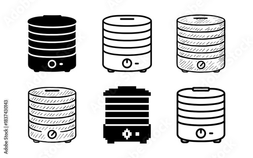 Set of electric food dehydrators in hand drawn and silhouette styles