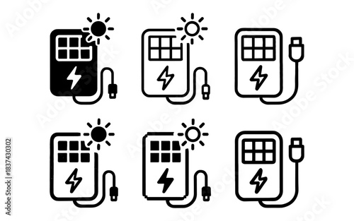 Solar power bank icons with sun and charging cable in minimalist style