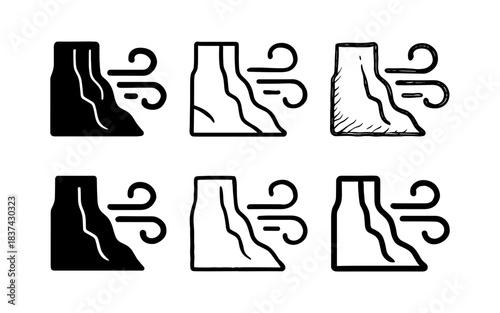 Set of weather icons: windy mountain designs in six unique styles