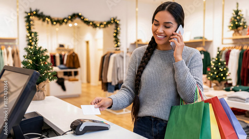 young Native American woman uses a credit card to pay for items at a POS terminal in a store during the Christmas sales