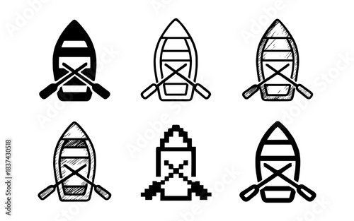 Set of canoe with paddles in various artistic styles on white background