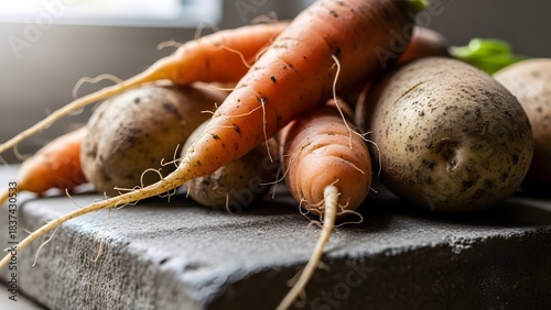 Imperfect Organic Carrots and Potatoes Close-Up with Soil