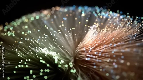 Close-up of fiber optic cables glowing with colorful light, representing high-speed data transmission and modern communication technology.