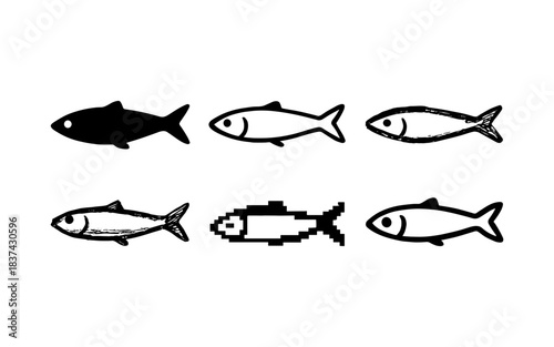 Set of fish icons in various styles including silhouette and pixel art