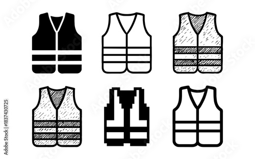 Various styles of safety vest icons in black and white