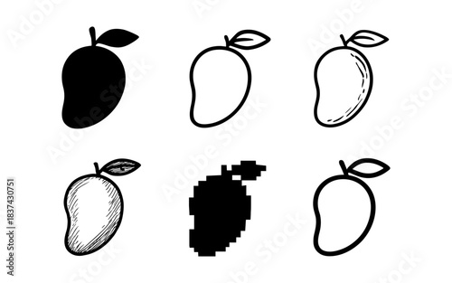 Diverse mango shapes in minimalist styles: silhouette, outline, pixel, sketch