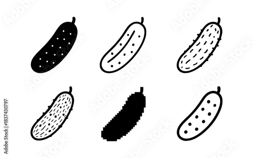 Variety of cucumber icons in different artistic styles