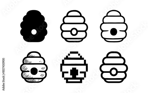 Diverse bee hive designs in minimalist, line art, and pixel styles