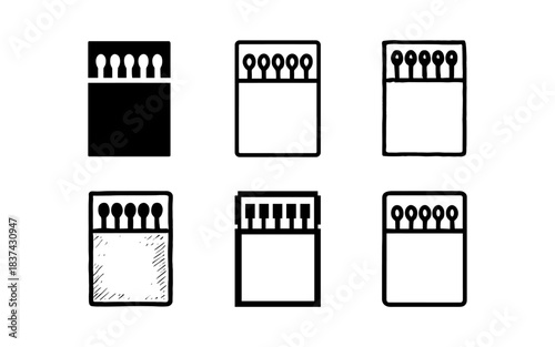 Minimalist black and white matchbox icon set with various styles