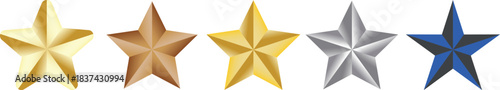A collection of five shiny, glossy metallic stars in gold, bronze, silver, and blue, ideal for concepts like rating, achievement, and review systems. Isolated graphic.