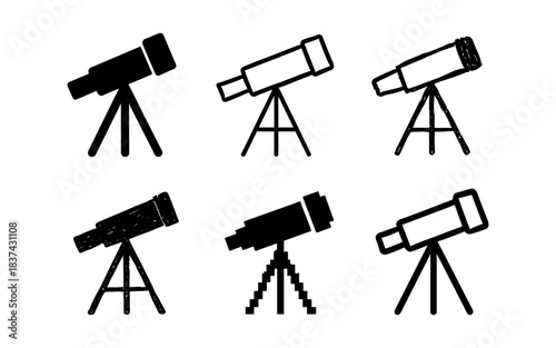 Set of grunge telescope icons in silhouette style on tripods