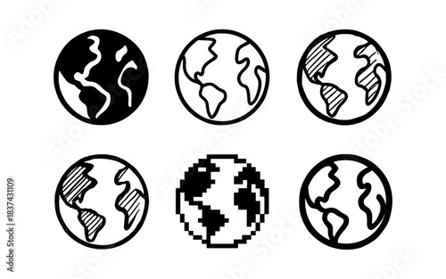 Hand-drawn earth set: black and white globe designs with pixel style variation