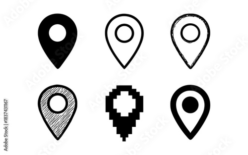 Diverse pin icons: modern, sketch, pixel, and solid styles for maps