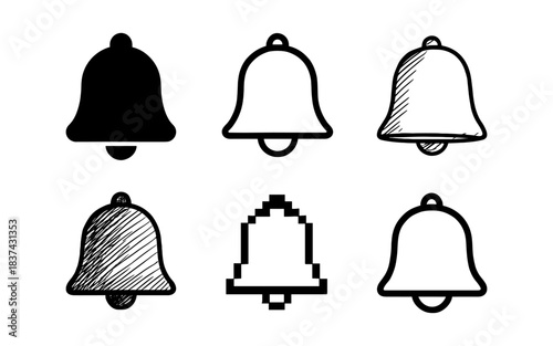Diverse bell icons in various styles: filled, outline, hatched, and pixel art