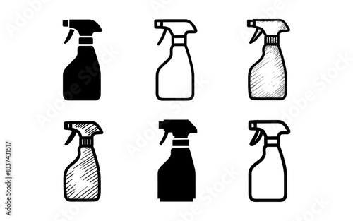 Set of spray bottle silhouettes and sketches: diverse household cleaning icons