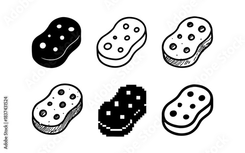 Set of sponge icons in various styles including pixel and sketch