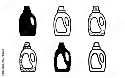 Variety of laundry detergent bottle icons in different artistic styles