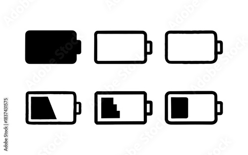 Minimalist battery icons showing various charge levels in black and white