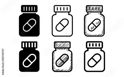 Medicine bottles with capsule icons in various sketched styles