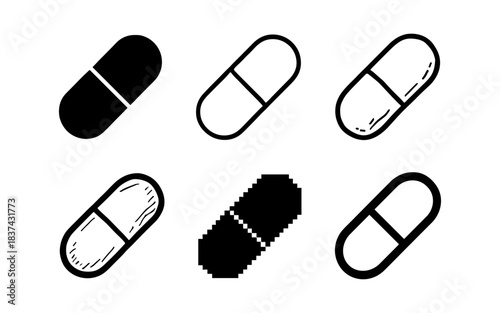 Variety of capsule icons in different styles: silhouette, pixel, grunge, doodle