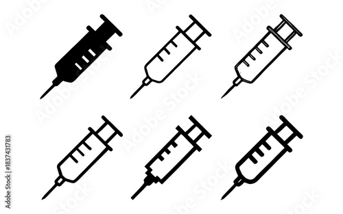 Set of medical syringe icons in black and white silhouette style