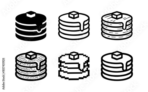 Set of pancake icons in various styles: linear, 3d, pixel art, and more