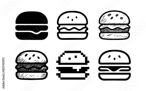 Minimalist burger icon set: outline, pixel, and hand-drawn styles