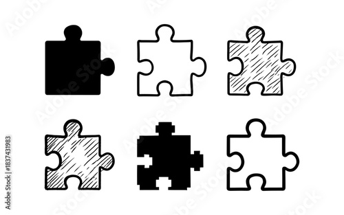 Puzzle piece collection: diverse sketch and solid outline designs