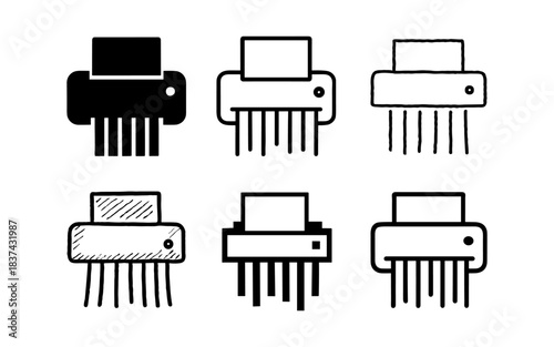 Set of six paper shredder icons in various styles on white
