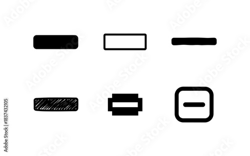 Minimalist set of six minus icons in various styles on white background
