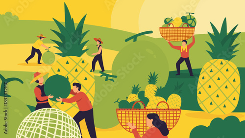 Farmers diligently harvest a bountiful crop of pineapples and melons across a vibrant, sun-drenched agricultural landscape.