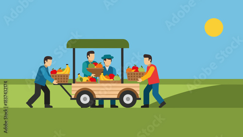 Group of golfers on a sunny golf course loading a golf cart before a round of play.