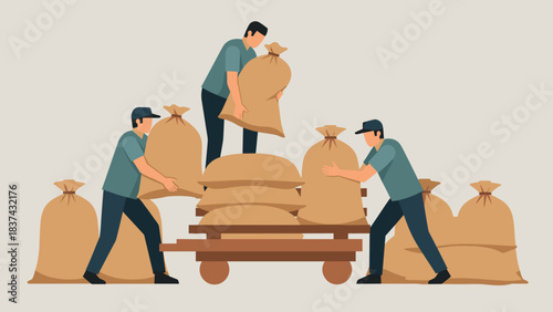Diligent Workers Coordinate Heavy Sack Loading with Cart in Industrial Setting.