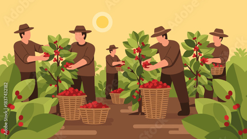 Farmers in hats diligently harvest red berries from lush green plants in a sunlit plantation field.