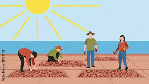 People drying agricultural crops or seeds under the bright sun on an outdoor surface near the ocean.