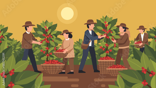 Group of people harvesting crops in a lush garden community farming scene.