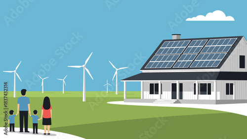 Sunny rural scene featuring a modern eco home with solar panels and wind turbines.