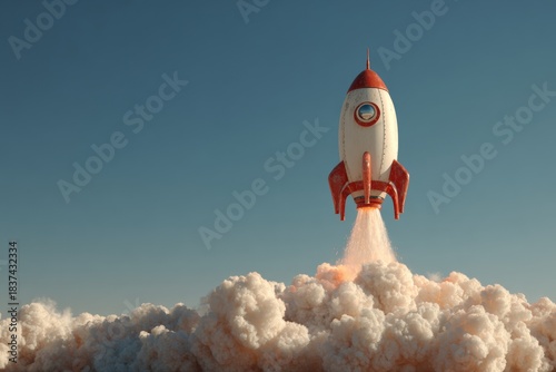 Whimsical Launch of a Retro-Style Rocket From a Launch Pad Against a Blue Sky During Daylight