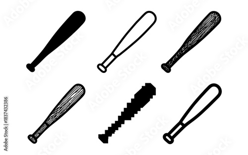 Variants of baseball bats in different artistic styles and textures