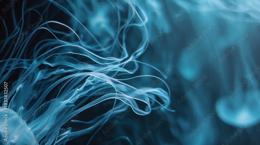 Fototapeta premium Jellyfish swim gracefully in dark water their long tentacles moving softly. The surroundings are illuminated in shades of blue capturing the underwater scene.