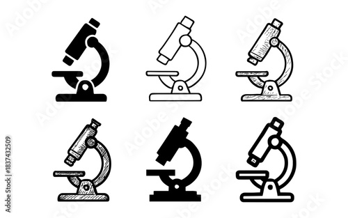 Diverse microscope sketches in black and white ink drawing styles