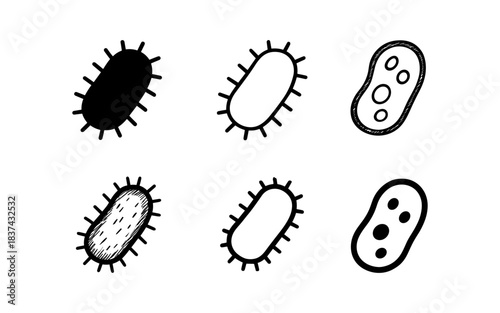 Hand drawn bacteria cells: sketch style microbiology icons on white background