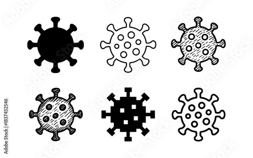 Diverse hand-drawn styles of virus molecules with sketched and flat designs