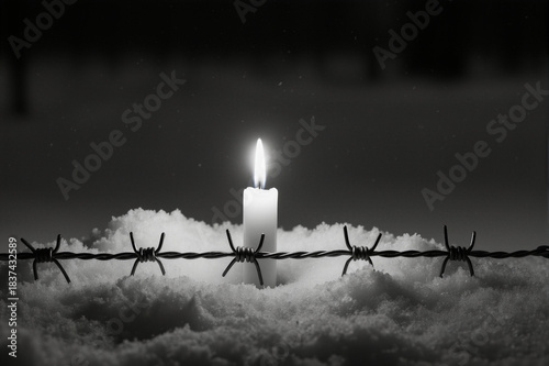 Solemn remembrance concept for Holocaust victims. Candle and wire symbolizing history and memory.